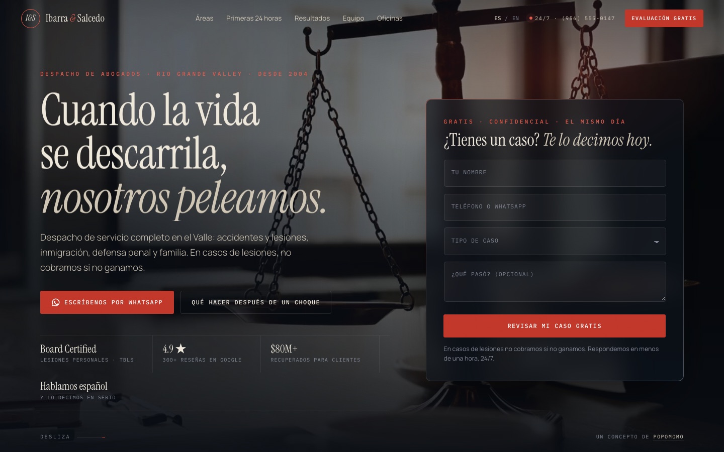 Demo de landing para un despacho de abogados: hero con video de una balanza